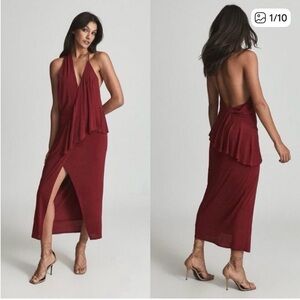 NWOT REISS Xena Ruffle Plunge Neck Midi Dress Dark Red With Open Back Size 6